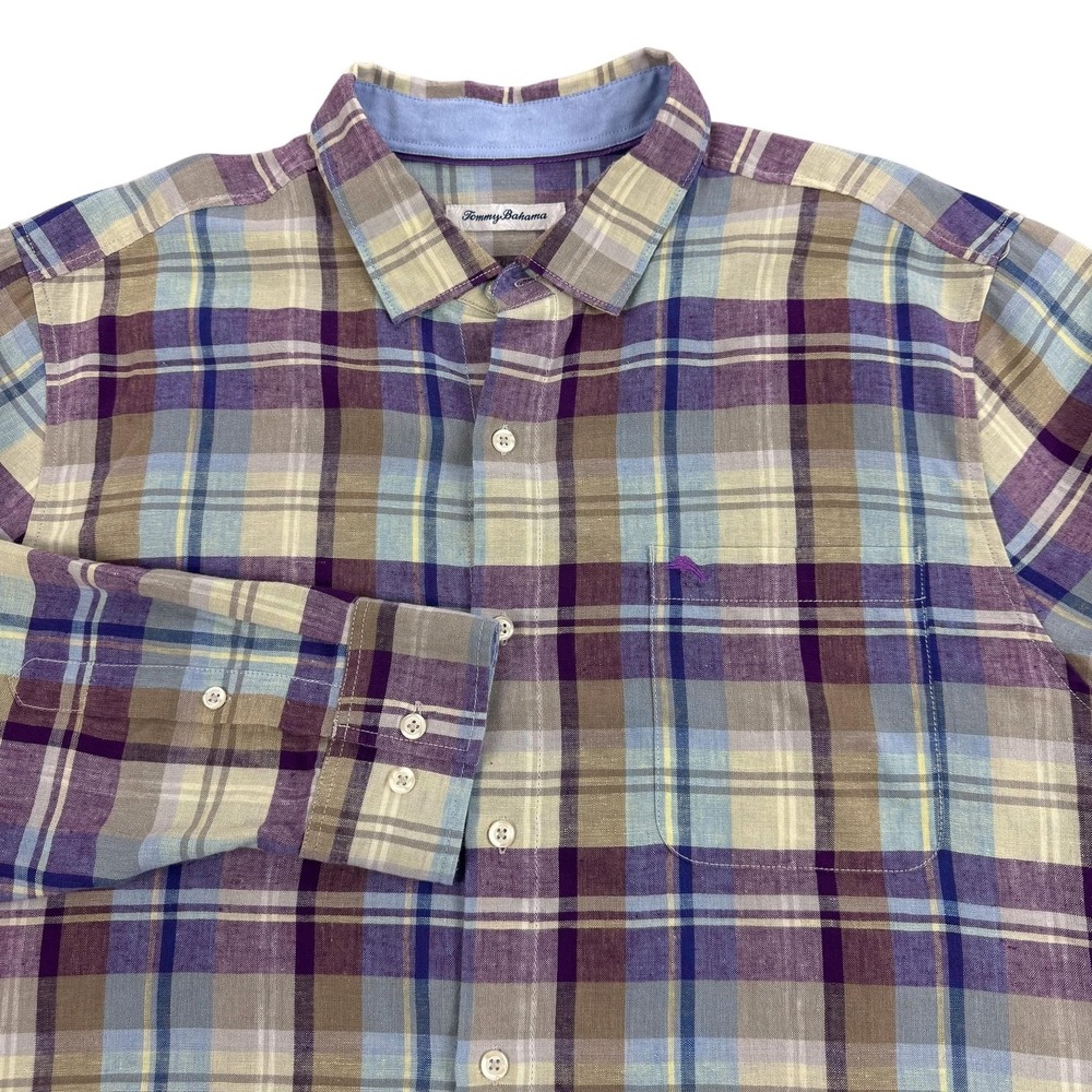 Tommy Bahama IslandZone Shirt Mens XL Multicolor Plaid Linen‎ Blend Summer Beach